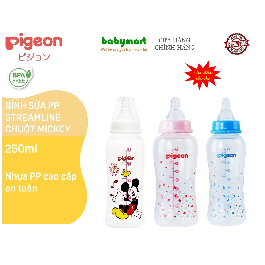 Bình sữa Pigeon streamline 250ml cho bé từ 4 tháng, mẫu Disney - ngôi sao