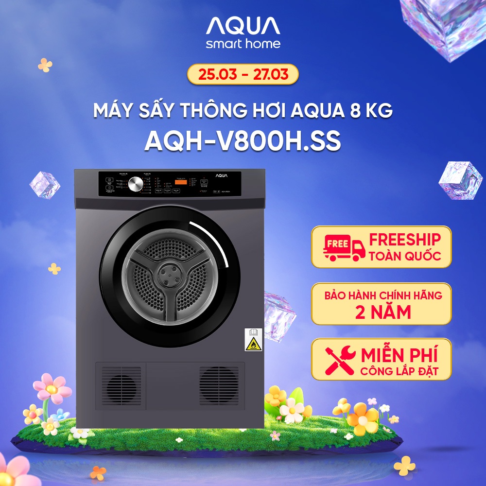 Máy sấy thông hơi Aqua 8 kg AQH-V800H.SS - Freeship toàn quốc - Bảo hành 2 năm