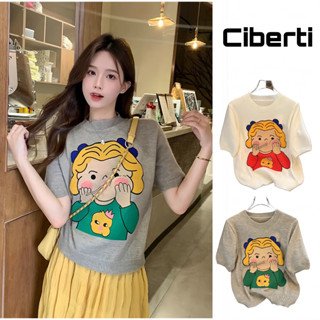 Áo len dệt kim cổ tròn ngắn tay in hình cô gái nữ Ciberti