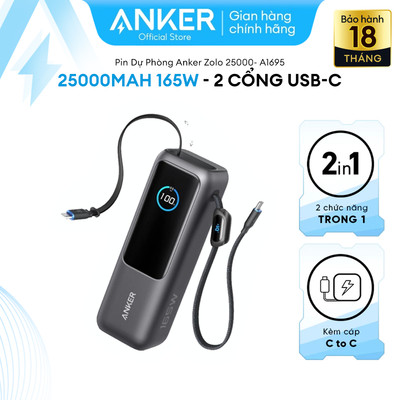 Pin dự phòng Anker Zolo Power Bank 25K mAh công suất 165W có cáp USB-C tích hợp và có thể thu gọn - A1695