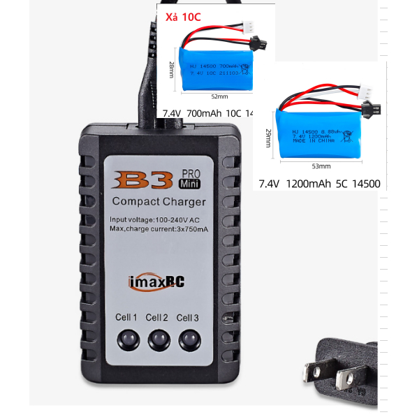 Hỏa Tốc Sạc Pin B3 14500 7.4v 700mah và 1200mah Dùng cho Xe điều khiển từ xa , xe cồng trình. xe múc