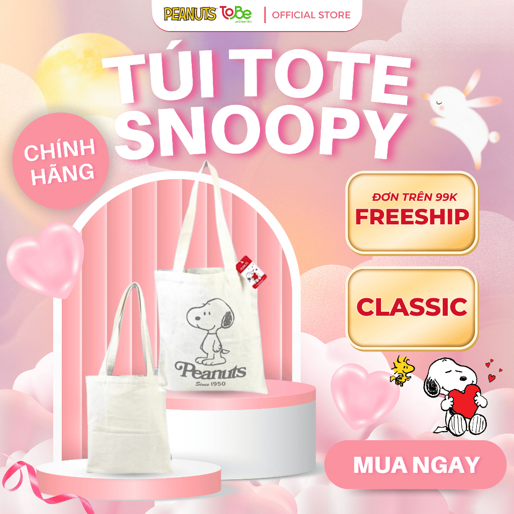 [CHÍNH HÃNG PEANUTS] TÚI VẢI CANVAS TOTE PEANUTS SNOOPY TRẮNG CLASSIC CÓ NGĂN TRONG