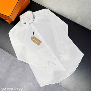 Áo sơ mi dài tay nam lụa trắng trơn mix cổ thêu chữ logo ngựa basic boy phố SM199P