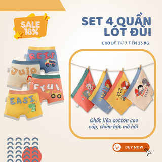 Set 4 quần lót cho bé trai, quần lót boxer trẻ em họa tiết hoạt hình chất cotton cao cấp