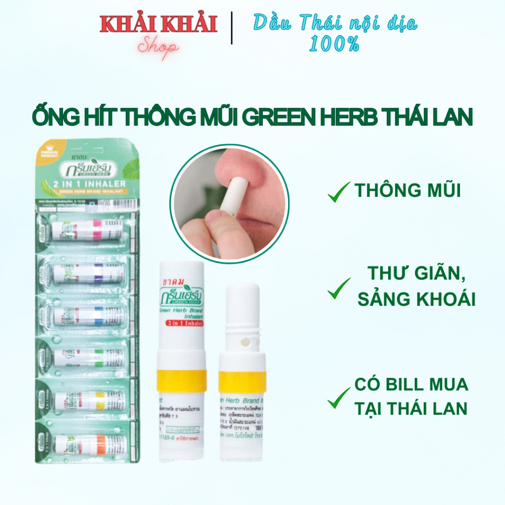 Ống hít mũi Thái Lan, Dầu hít mũi 2 đầu Green herb Khải Khải Shop