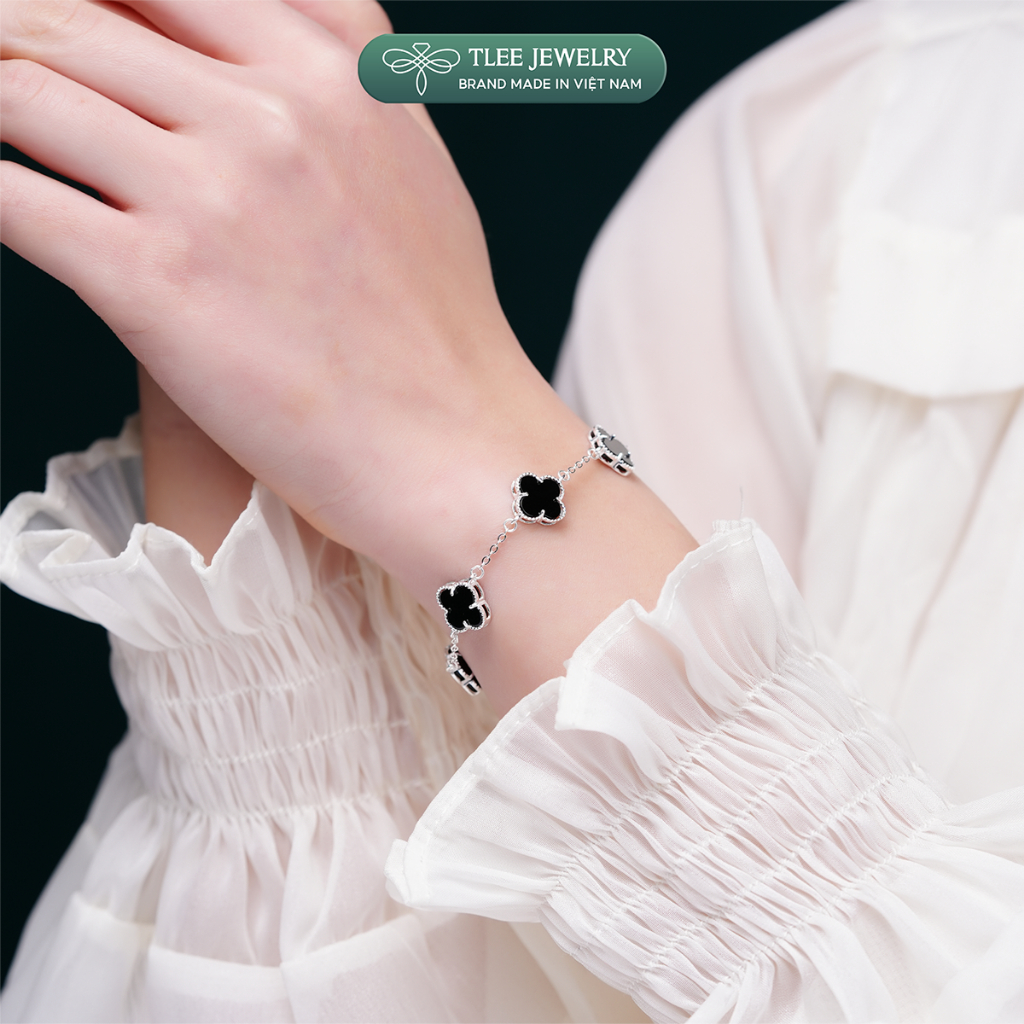 Lắc tay bạc nữ TLEE năm charm hoa cỏ bốn lá đơn sắc sang trọng đá 10mm TLEEJEWELRY LT0409 | BigBuy360 - bigbuy360.vn