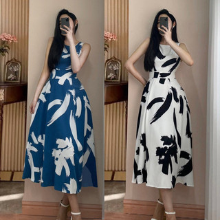 Đầm lụa cổ thuyền sát nách họa tiết loang sang chảnh A1846