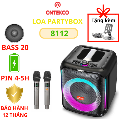 [TẶNG GIÁ ĐỠ ĐT] Trọn bộ loa xách tay ONTEKCO Partybox 8112 1 Bass 20, 2 micro không dây, công suất 