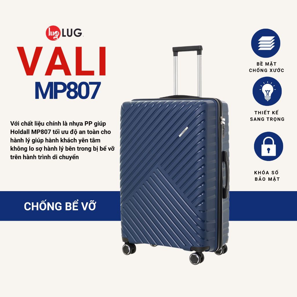 Vali Kéo LUG Holdall MP807- Size 20/24/28 - Nhựa PP chống bể vỡ,Màu Sắc Trẻ Trung, Khoá Số Bảo Mật