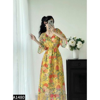 Đầm hoa vintage chin eo cổ V tay dơi siêu xinh cho các nàng tiểu thư A1480