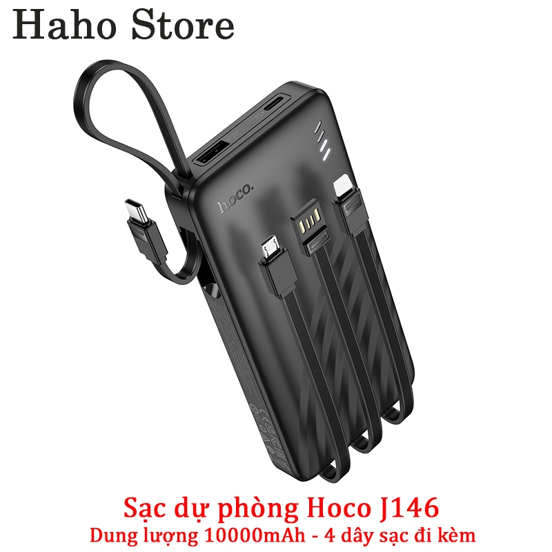 Sạc dự phòng nhanh dung lượng 10000mAh Hoco J146 kèm 4 dây Micro + USB + LN + Type-C, hai màu đen tr