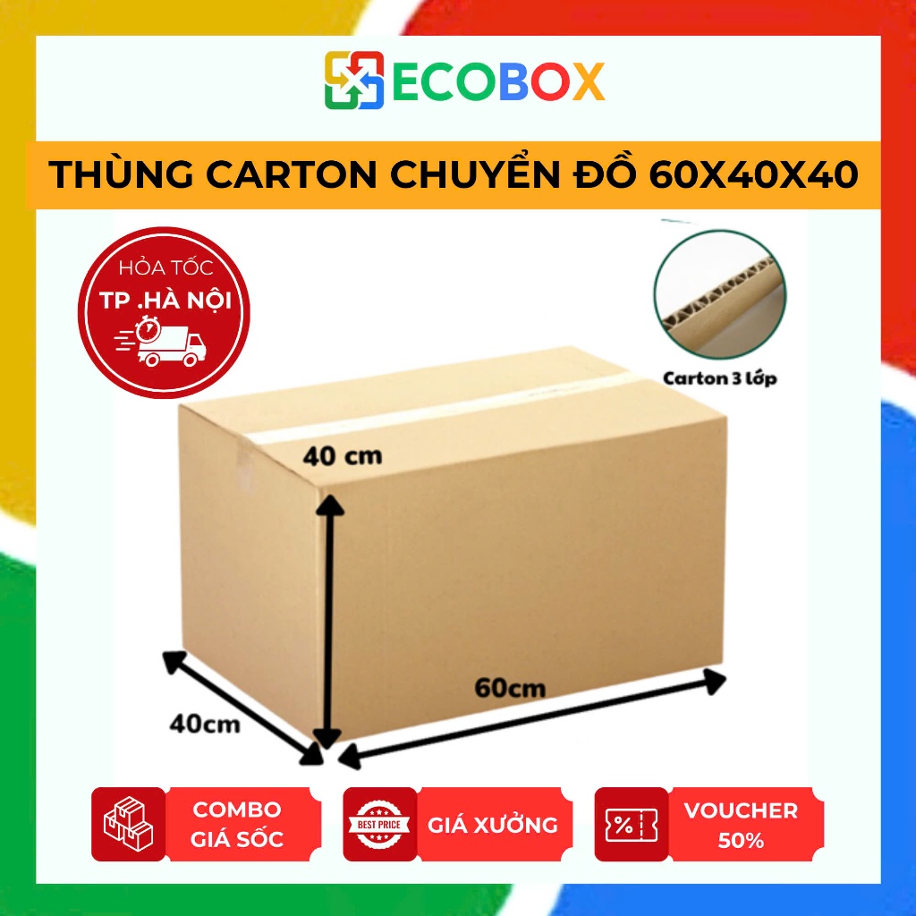 ECOBOX - 60x40x40 COMBO 10 Thùng carton chuyển nhà, Hộp carton đóng hàng size to giá xưởng