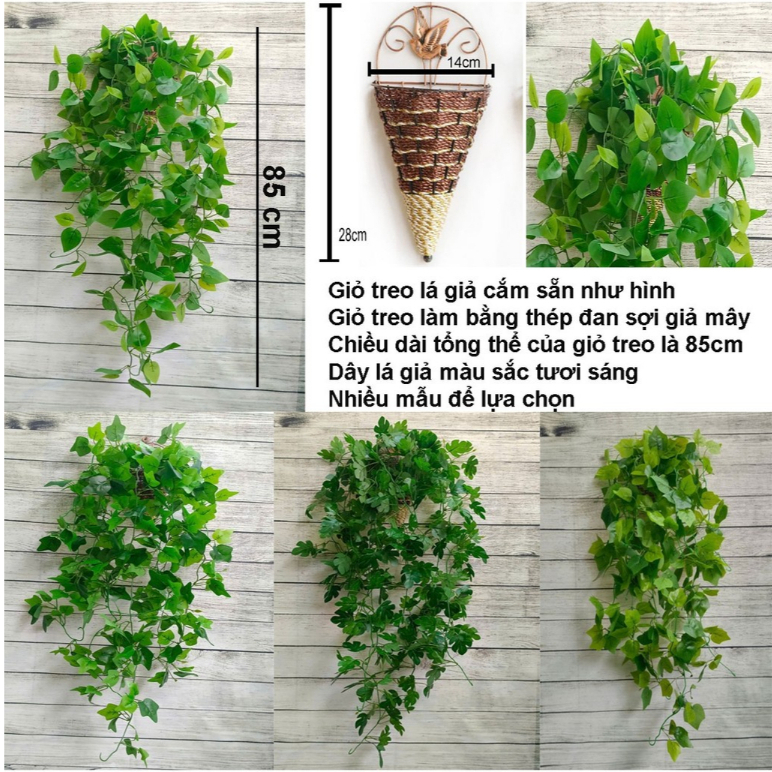 Giỏ treo lá giả cắm sẵn treo tường, lá xanh, lá nho, lá rùa..VI169 ( giỏ thép, dài 85 cm), hoa giả t