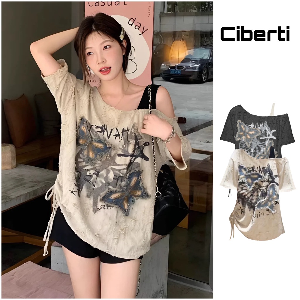 Áo thun cotton rách đính logo butterfly rút sườn cho nữ Ciberti