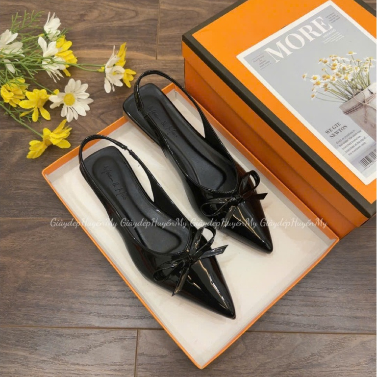 Sục bệt nữ mũi nhọn đính nơ da bóng kính hàng cao cấp full hộp ( PH09 )