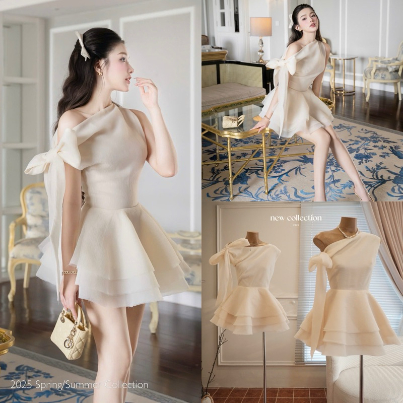 ĐẦM MIDI 2S CỘT VAI NUDE LÔNG NỔI