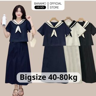 Set váy nữ BIGSIZE Banamo áo cộc tay phối vạt khăn thủy thủ kèm chân váy dáng dài xòe chữ A phong cách Hàn Quốc 187