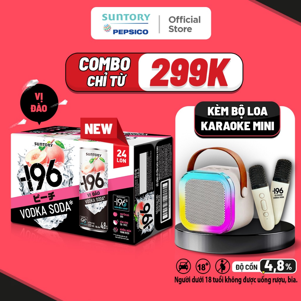 [HSD: 07/08/2025] Combo Thùng -196 Vodka Soda Vị Đào Kèm Bộ Loa Bluetooth 2 Mic Hát Karaoke
