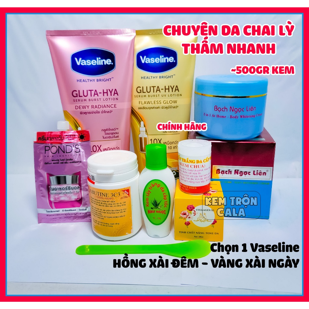 (9 hãng) Công thức kem body Bạch Ngọc Liên trắng da  Vaseline 70x + 3C3 kích trắng siêu thấm không r