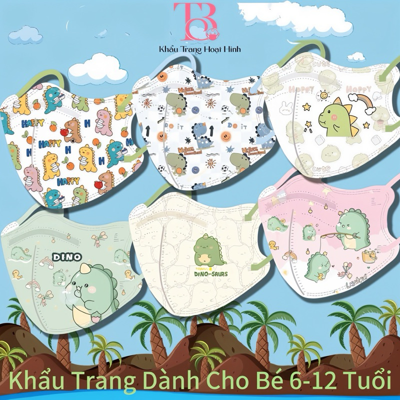 [ Set 10/50 cái ] KHẨU TRANG in hình Khủng Long dễ thương dành cho bé 6-12 Tuổi ( 20-35kg)