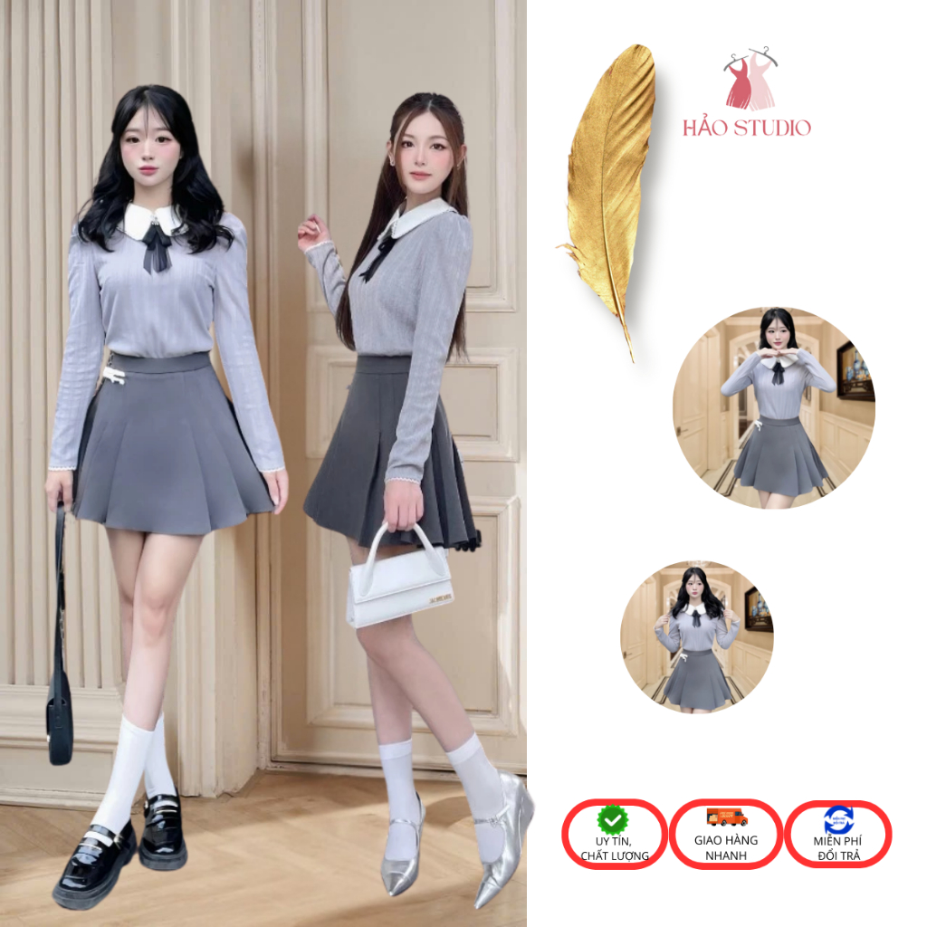 Chân váy xếp ly nữ chữ A cạp cao, chân váy ngắn 2 lớp đính nơ, màu xám xếp ly hai bên hông