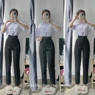  Quần tây đi học kiểu mới cúc lệch ngang lưng cao màu Đen Xanh Đen nữ m50 m55 m60 dáng quần baggy vải nữ học sinh cấp 2 3 