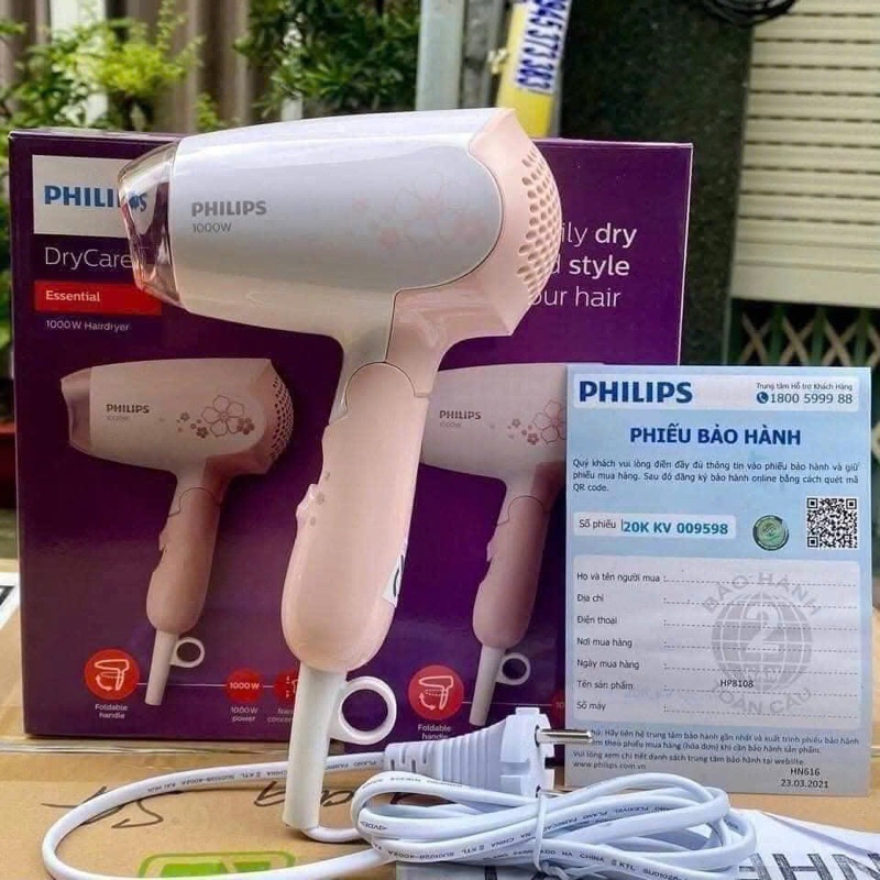 Máy sấy tóc tiện lợi Phillips 1000W nhanh khô, gấp gọn, tiện dụng