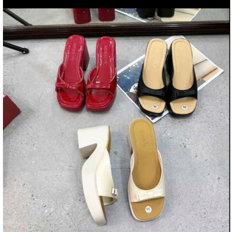 Dép xuồng nữ cao 8 cm ngọc trinh store nơ phối màu 2 lớp dày dặn mũi vuông .kb 084