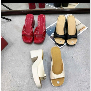 Dép xuồng nữ cao 8 cm ngọc trinh store nơ phối màu 2 lớp dày dặn mũi vuông .kb 084