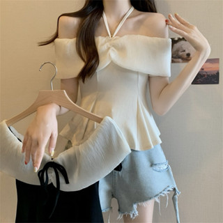 Áo Trễ Vai Croptop Dáng Xòe Voan Tơ Thắt Nơ Ngực Thời Trang Nữ