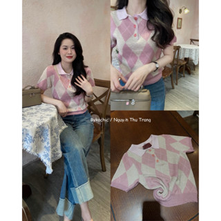 @bykochic | Áo cộc kẻ trám hồng polo len dệt kim ánh nhũ Quảng Châu cao cấp (ảnh thật)