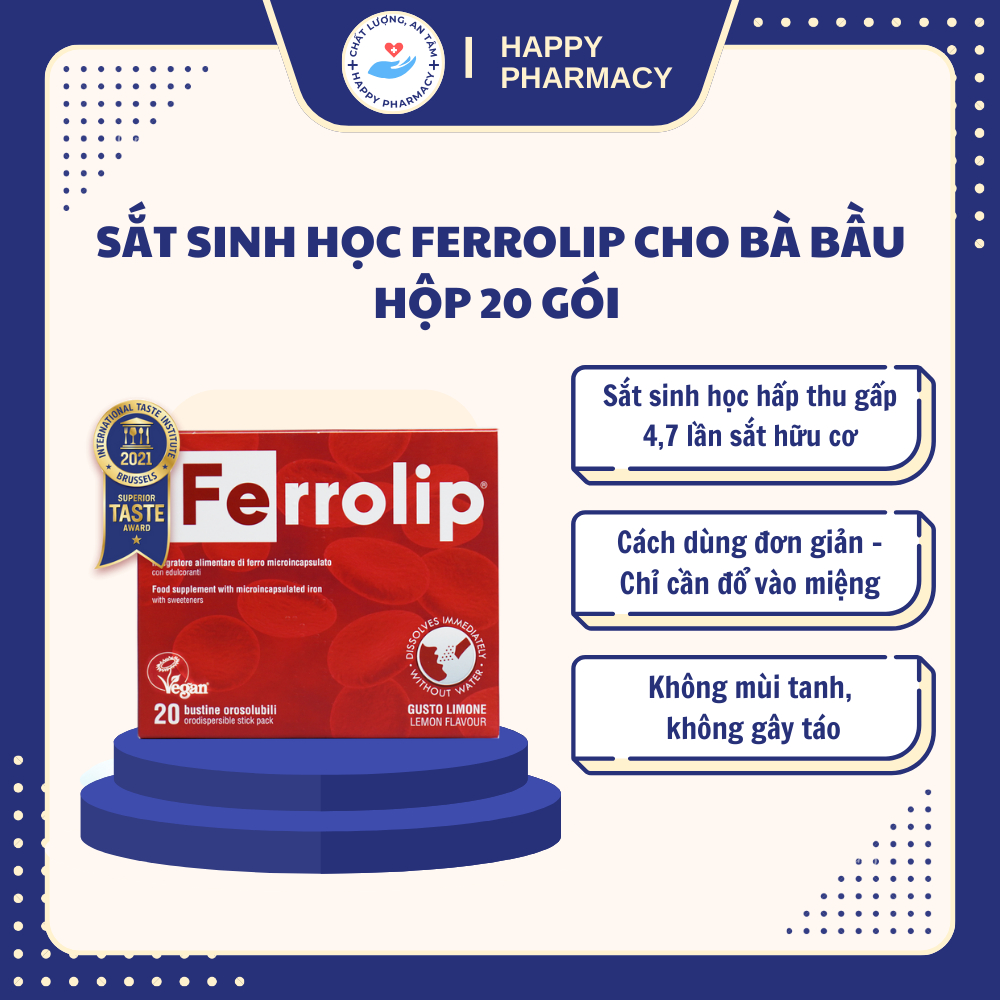 Ferrolip sắt cho bà bầu, người thiếu sắt bổ sung sắt hữu cơ không tanh không táo, vị chanh thanh mát