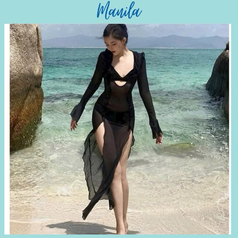 (Sẵn HCM)Set bikini đồ bơi đi biển Đầm lưới ren dáng dài xuyên thấu áo tay dài có loe mềm mỏng MANILLA | BigBuy360 - bigbuy360.vn