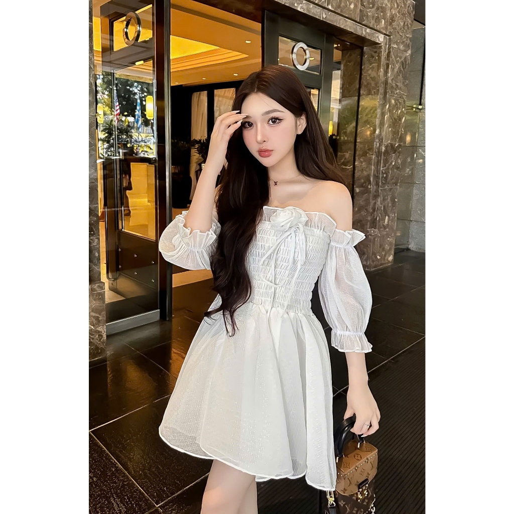 Đầm ống cúp ngực trễ vai Calie, váy thun ngực dáng ngắn tơ vân_Pierrestudio