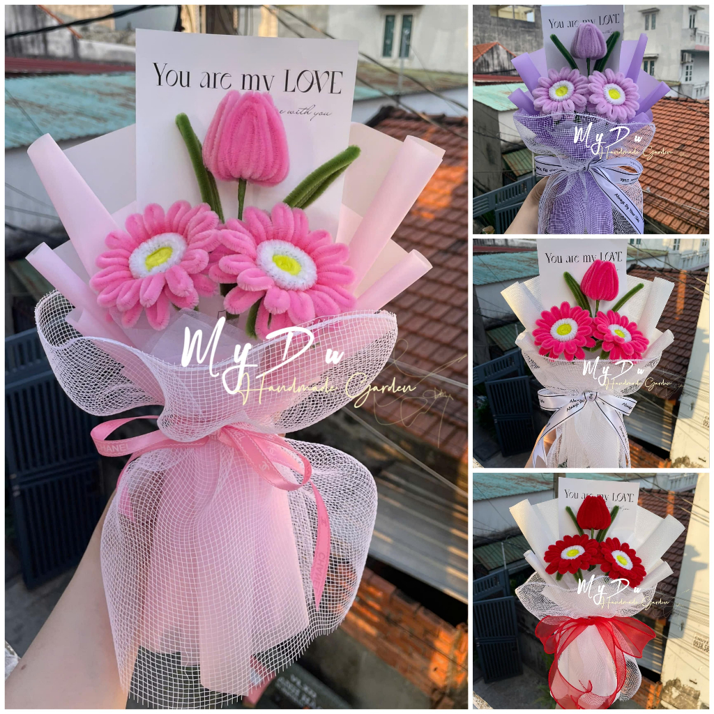 Bó Hoa Đồng Tiền Kẽm Nhung Handmade (KÈM TÚI) - Quà Tặng Xinh Xắn, Ý Nghĩa - Hoa Kẽm Nhung - MyDu