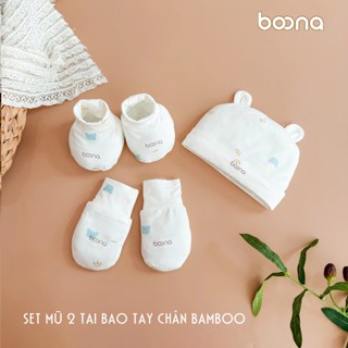 ( Sét 3 Chi Tiết )  Bộ Mũ Tai Gấu Kèm Bao Tay Bao Chân  Boona Chất Liệu Bamboo Silk Mềm Mại, Thoáng Mát Cho Bé Sơ Sinh