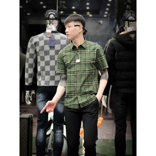Áo sơ mi nam ngắn tay kẻ sọc caro xanh BBR chất vải cotton dày dặn cao cấp trẻ trung thanh lịch