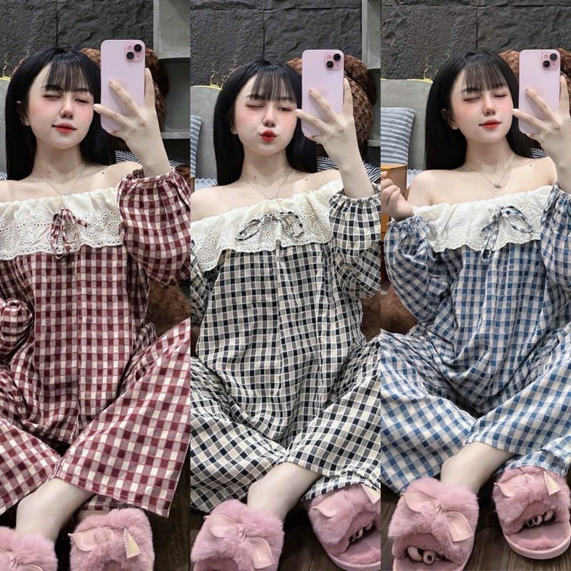 Bộ Đồ Ngủ Kẻ Caro, Bộ Pijama Nữ Thắt Nơ Xinh Xắn Tay Dài Quần Dài - HN CLOSET