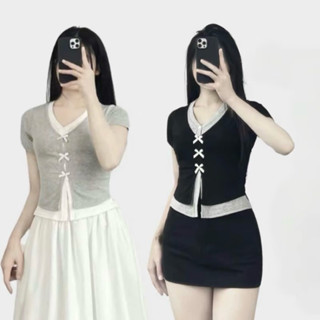  Áo thun form ôm cổ tim phối 2 lớp đính nơ điệu đà  575  bigsize 45-85kg chất liệu thun tăm lạnh tay ngắn dễ thương 