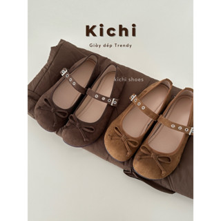 Giày búp bê KICHI đế bệt da lộn phối nơ chất liệu nhung mịn, màu vintage cổ điển quai ngang khuy style xinh cho nữ A85-8