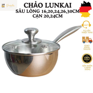 Chảo inox cạn và sâu lòng LUNKAI, chảo sâu lòng kèm vung size 16,20,24,26cm, chảo chống dính tự thân