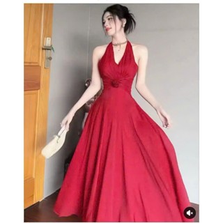 Đầm thời trang nữ chất tơ 2 lớp cổ yếm đính bông ngực dáng dài xòe mocking thân sau dây kéo mặc tôn dáng chuẩn fom