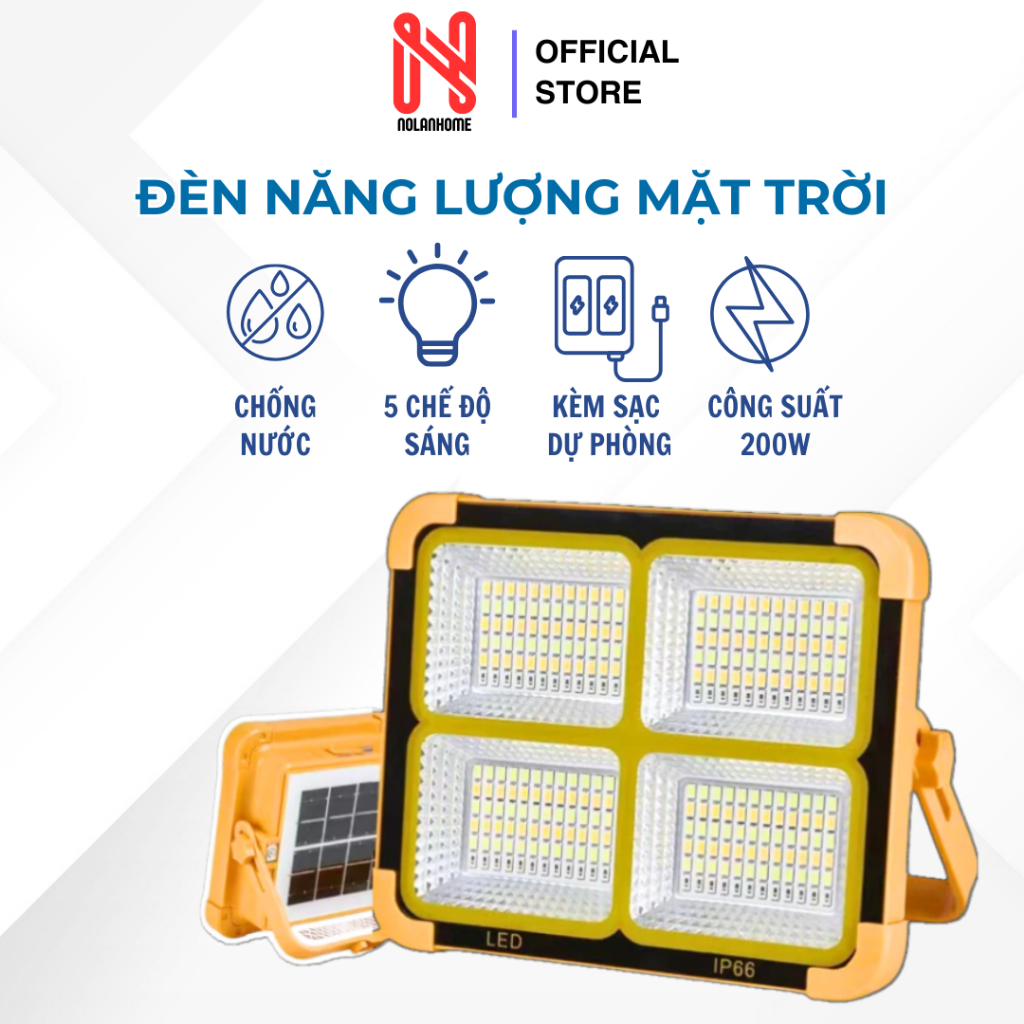 Đèn LED Năng Lượng Mặt Trời Đa Năng Cầm Tay 200W, Đèn Tích Điện Cầm Tay Chống Nước IP66, 5 Chế  Độ Sáng, BH 12 THÁNG