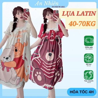 Đầm váy ngủ tiểu thư cổ vuông lụa mịn cao cấp phối ren mềm in 5D sắc nét sang chảnh dễ thương