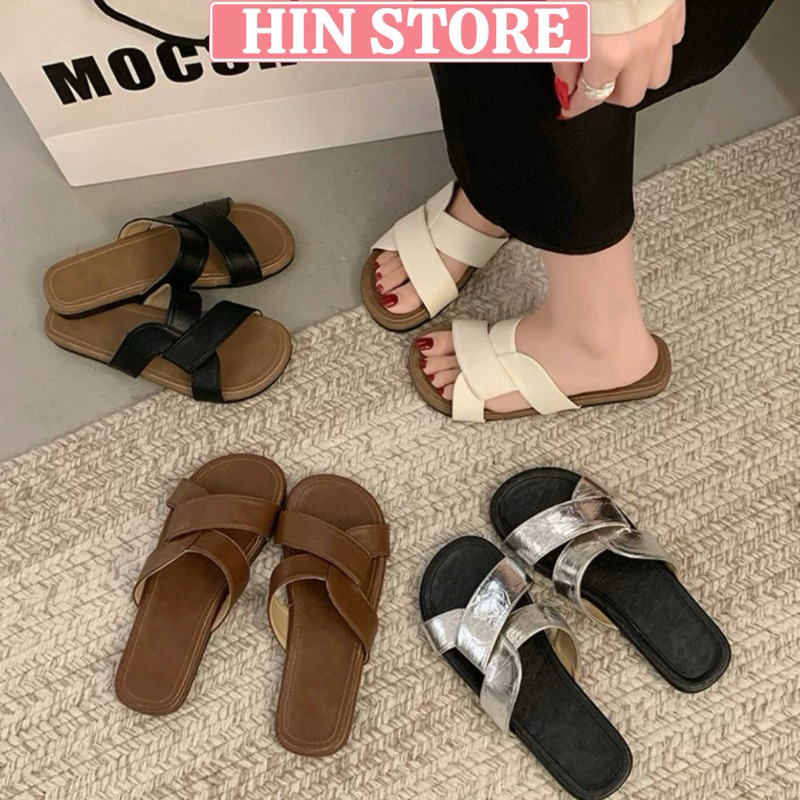 Dép nữ kiểu quai chéo đế bệt da mềm mẫu mới hottrend, dép đi chơi, đi học phong cách Hàn Quốc MS41