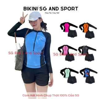 Bộ bơi nữ Bikini SG tay dài phối quần đùi 2 lớp kín đáo áo