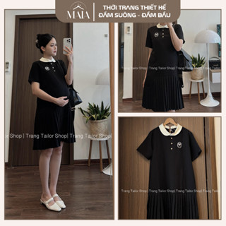 Váy bầu xinh thiết kế dáng dài , đầm bầu công sở cổ bèo thêu nơ cúc đá sịn xò đuôi cá dập ly hot hit xinh miễn chê