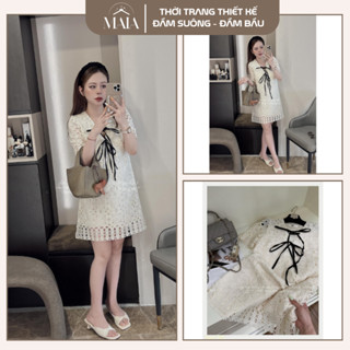 Đầm bầu thiết kế dự tiệc , váy bầu babydoll xinh mùa hè chất ren 2 lớp sịn xò cổ khoét kèm dây nơ buộc tiểu thư