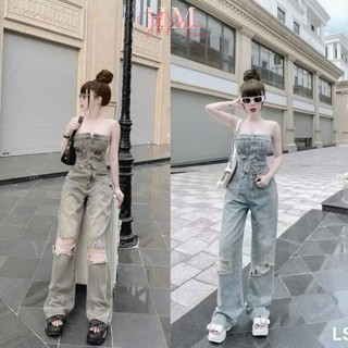 Set đồ nữ thời trang áo cúp ngực chất jeans Qc phối quần suông dài rách gối lưng chun phía sau 2 màu