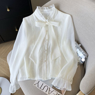  【ẢNH THẬT-Sẵn Áo sơ mi nữ dài tay CỔ XẾP BÈO cúc ngọc buộc nơ phối hoạ tiết hoa lá 2 màu dễ phối 